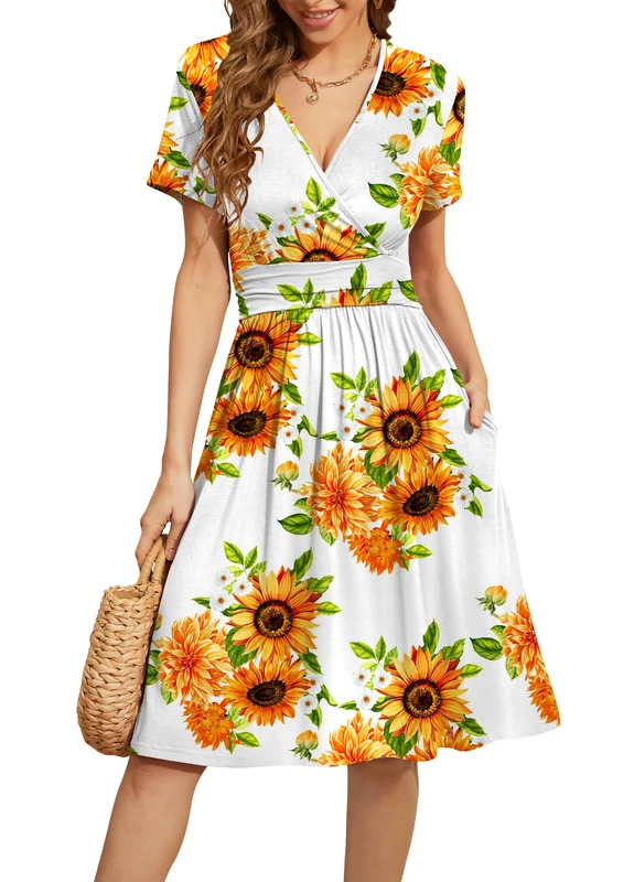 WEACZZY Women's Summer Short Sleeve Casual Dresses V-Neck Floral Party Dress with Pockets, Sunflower White, XX-Large