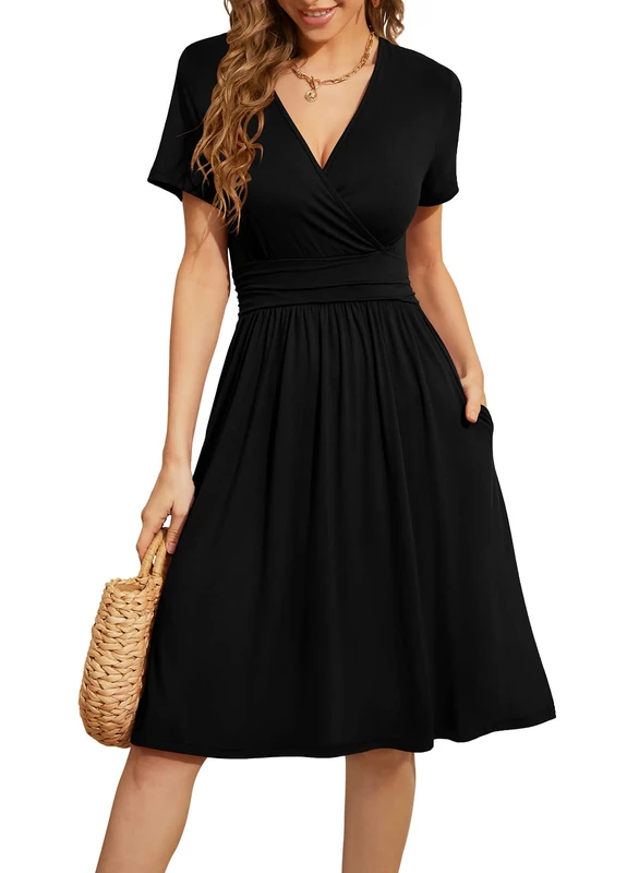 WEACZZY Women's Summer Short Sleeve Casual Dresses V-Neck Floral Party Dress with Pockets, 01 Black, Medium