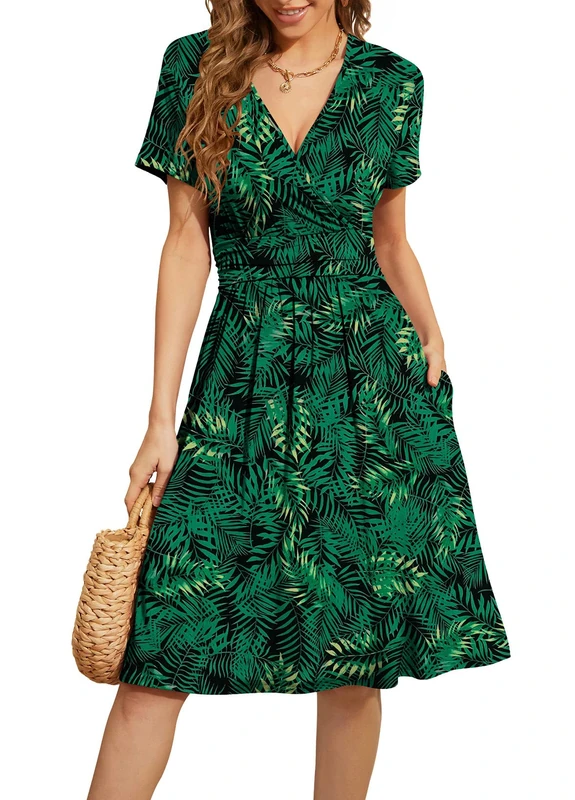 WEACZZY Women's Summer Short Sleeve Casual Dresses V-Neck Floral Party Dress with Pockets, Floral Green, Medium