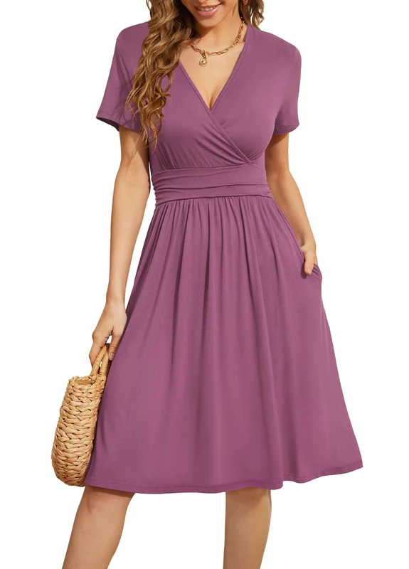 WEACZZY Women's Summer Short Sleeve Casual Dresses V-Neck Floral Party Dress with Pockets, Mauve, Medium
