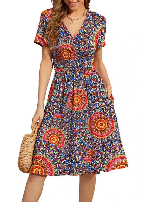WEACZZY Women's Summer Short Sleeve Casual Dresses V-Neck Floral Party Dress with Pockets, Peacock Blue, Medium