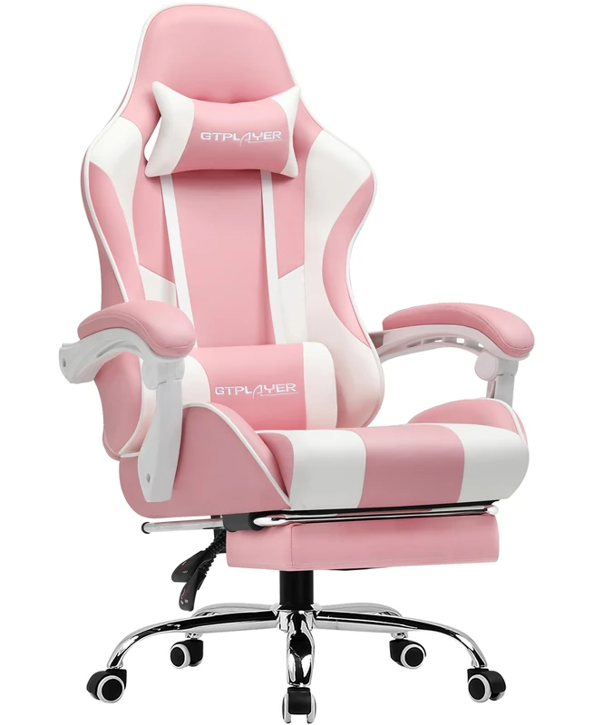 GTPLAYER Gaming Chair, Massage Computer Chairs with Footrest, Headrest and Lumbar Support Height Adjustable Ergonomic 360°-Swivel PC Chair Pink