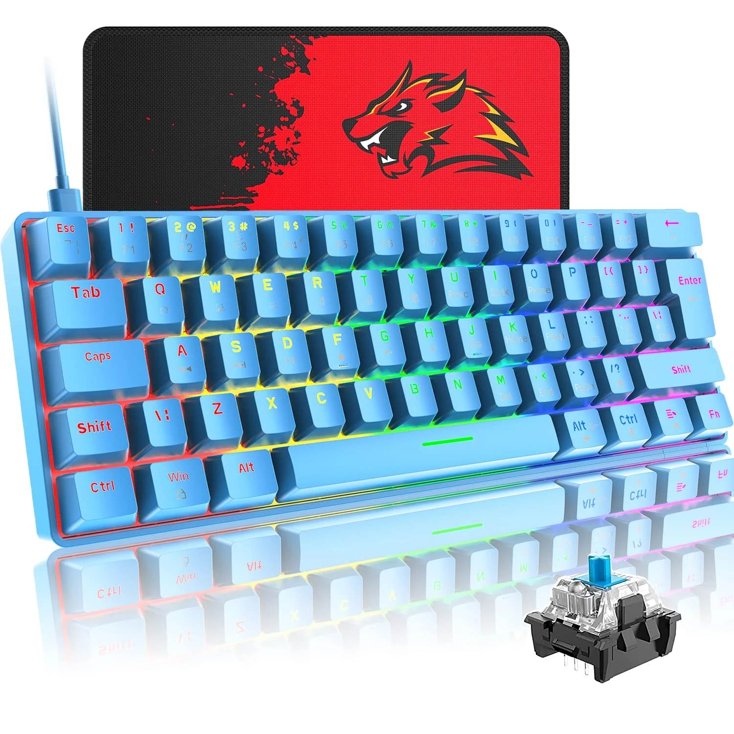 SELORSS Mini 60% Wired Mechanical Gaming Keyboard,22 RGB Chroma Backlit, Compact 62 Full Anti-ghosting Keys, USB C Cable,Replaceable Keycaps,Tactile Switch for Gamer/Typist/Xbox/PC/Win/Mac(Blue)