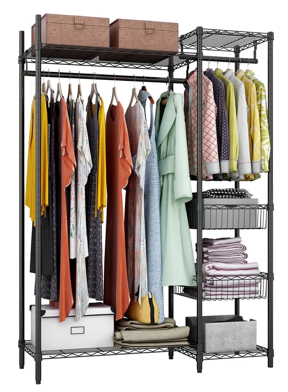 Xiofio 6-Tiers Heavy Duty Garment Rack, Wire Metal Clothing Rack with 2 Hanging Rods,4 Wire Shelves and 2 Fixed Basket, 46.7" Lx15.7 Wx70.5 H Max Load 600LBS, Black