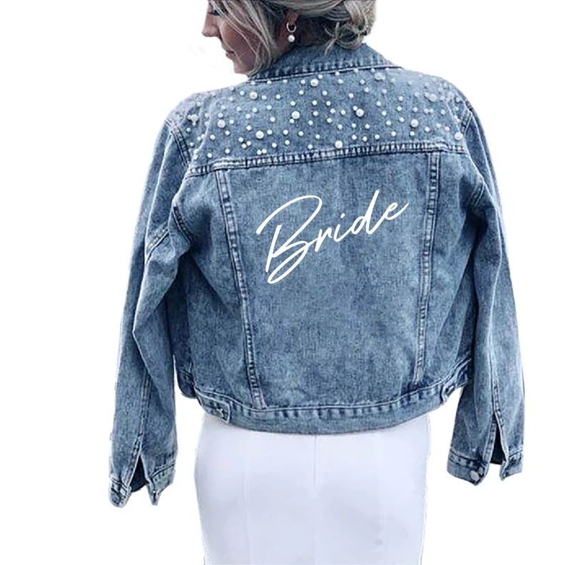 Watchify Pearl Bride Denim Jacket Custom Mrs Bride Bachelorette jacket Hen party gift, Blue, Large