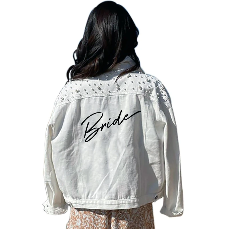 Watchify Pearl Bride Denim Jacket Custom Mrs Bride Bachelorette jacket Hen party gift, White, XXL