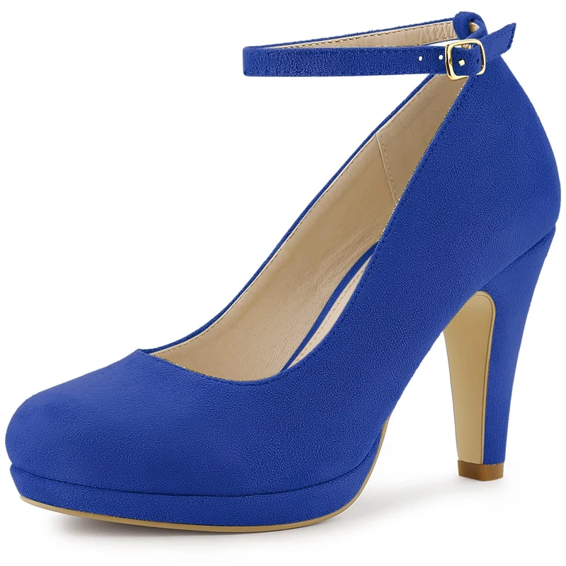 Allegra K Women's Round Toe Stiletto Heel Ankle Strap Pumps, Dark Blue, 5 UK