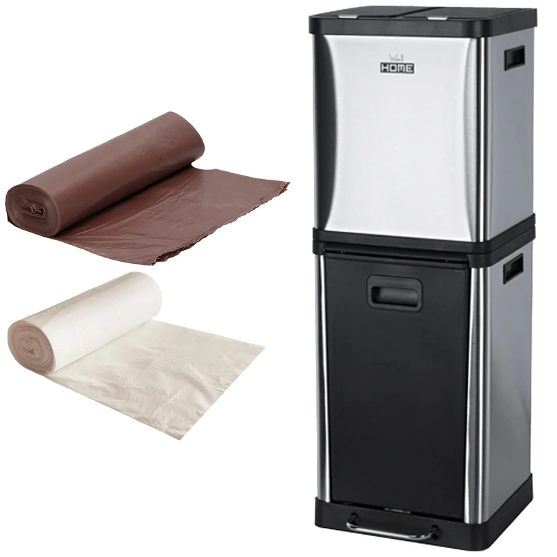 WellHome Pack of 36L Bucket, 3 Compartments (2: 8L + 1: 20L) with Rolls of Bags 10L and 20 of 20L, Trash/Recycling Bins, Large Capacity, Stainless Steel, Satin Chrome, 3 6L