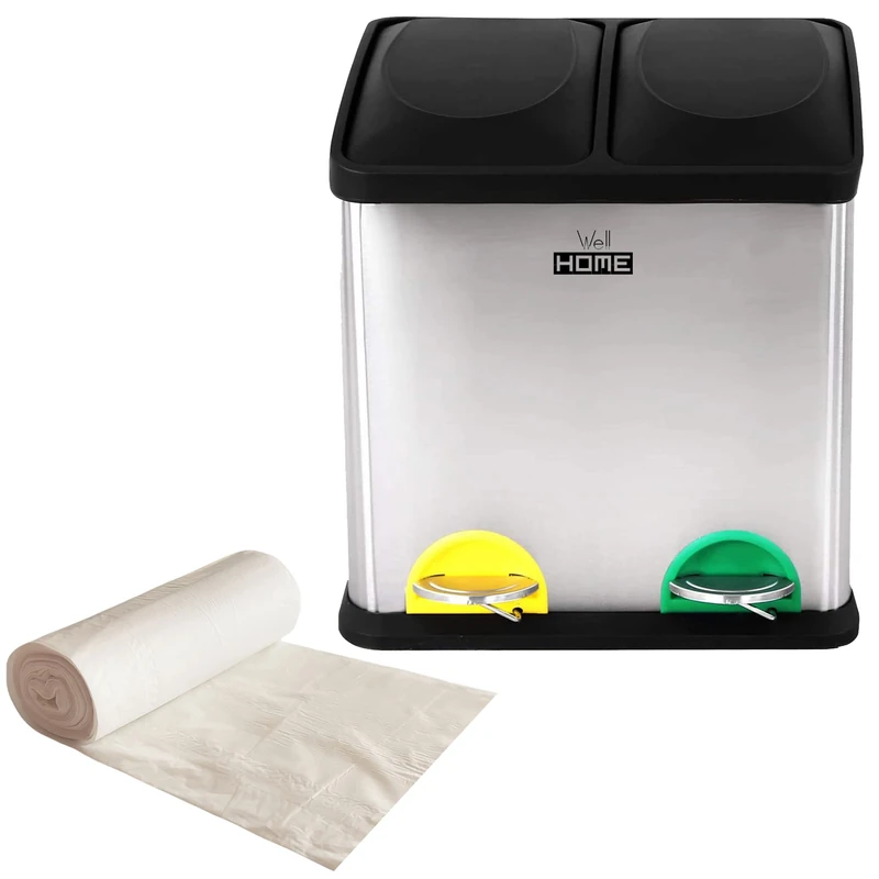 WELLHOME Pack of Eco-Friendly Bucket 16 Litres of 2 Compartments with 20 Rolls of 10 Litres, Garbage / Recycling Bins, Large Capacity, for Paper, Glass and Plastic, Steel, Chrome, 31x26.5x39.5H cm