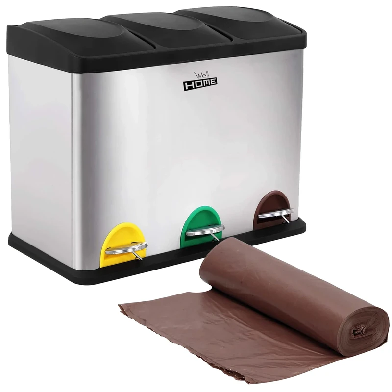 WELLHOME Pack of Eco-Friendly Bucket 45 litres of 3 Compartments with Roll of 20 Bags, 20 L, Garbage/Recycling Bins, Large Capacity, for Paper, Glass and Plastic, Steel, Chrome, 58.5 x 40 x 46 cm