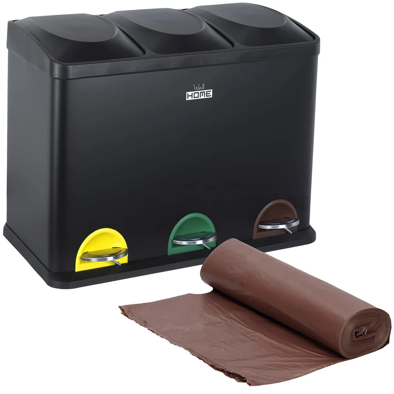 WELL HOME MOBILIARIO & DECORACIÓN Pack of Eco-Friendly Recycling Bin 45 litres of 3 Compartments with Roll of 20 Bin Bags of 20 litres