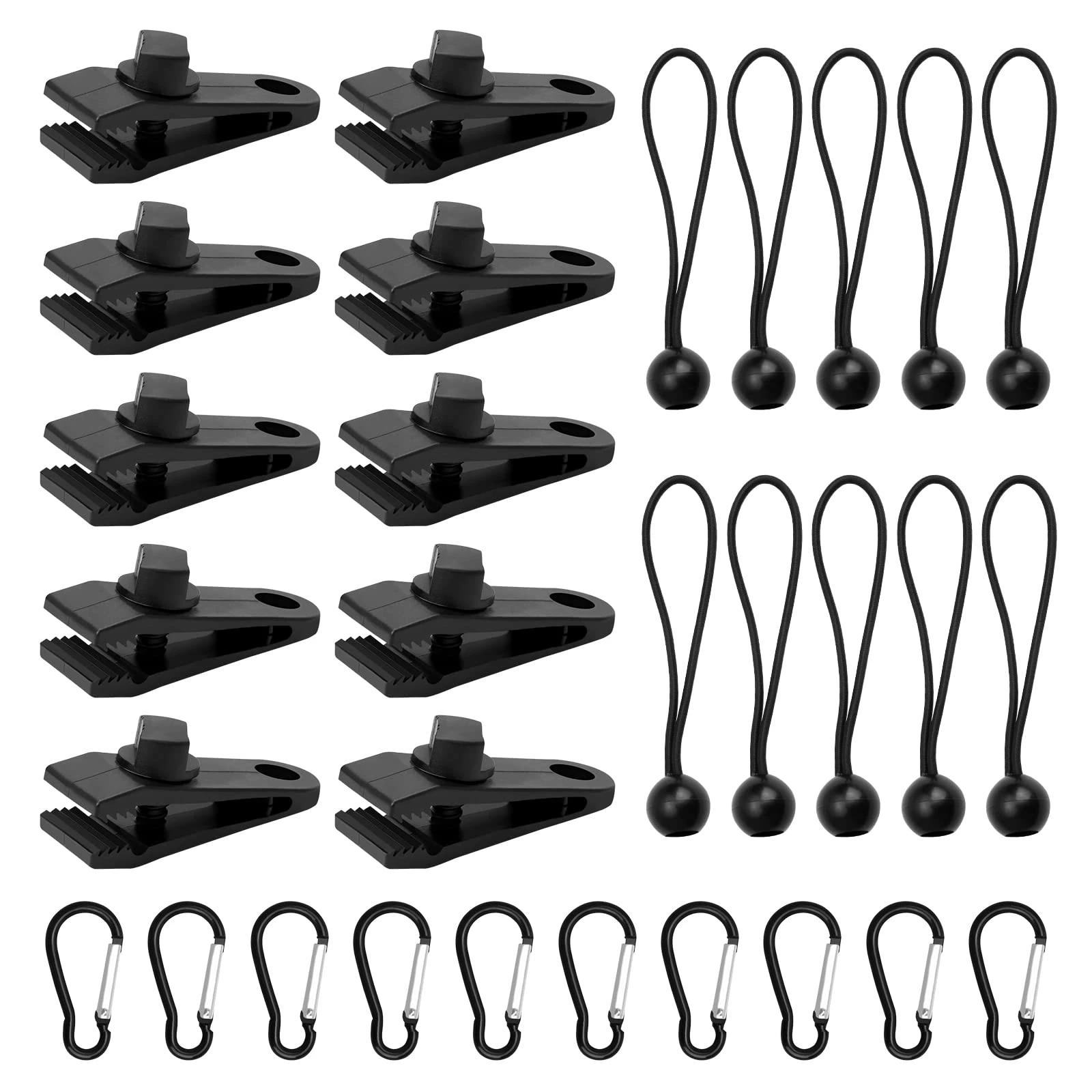 Set of 10 Tarp Clips Heavy Duty Tarpaulin Clips With Carabiner Clip & Ball Bungee Cords, Multifunctional Awning Clips + Bungee Clips For Fixing Tarps, Awnings, Tarpaulin, Camping, Caravan Canopies