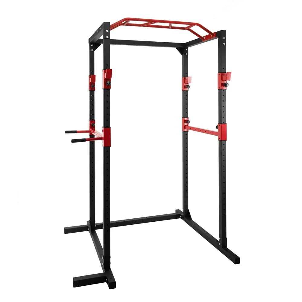 Ultrasport Power Rack Basic, Fitness Rack made of steel, multi-gym with 4 J-hooks for barbell training, pull-up bar, dip holders, Full body training for beginners to professionals, Red/Black