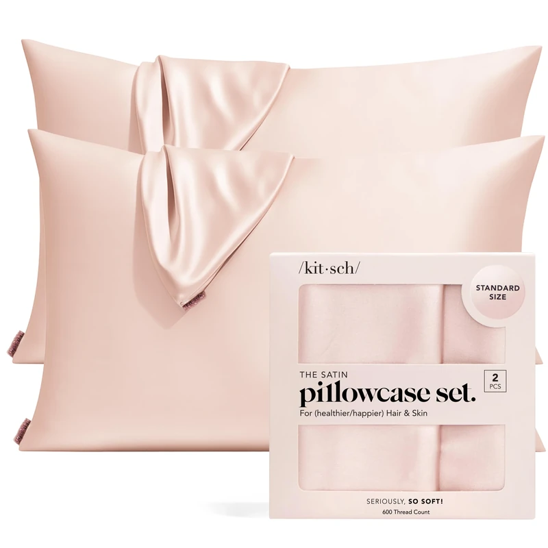 Kitsch 100% Satin Pillowcase with Zipper, Softer Than Silk Pillowcase for Hair & Skin, Cooling Pillow case, Satin Pillow Case Cover (Standard/Queen (2 Pack), Blush)