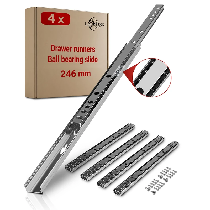 LouMaxx Drawer Runners 17mm Groove [4 Pack] - 246mm Cabinet Drawer Slides - Ball Bearing Drawer Runners - Suitable Replacement IKEA, MFI - Screws Included