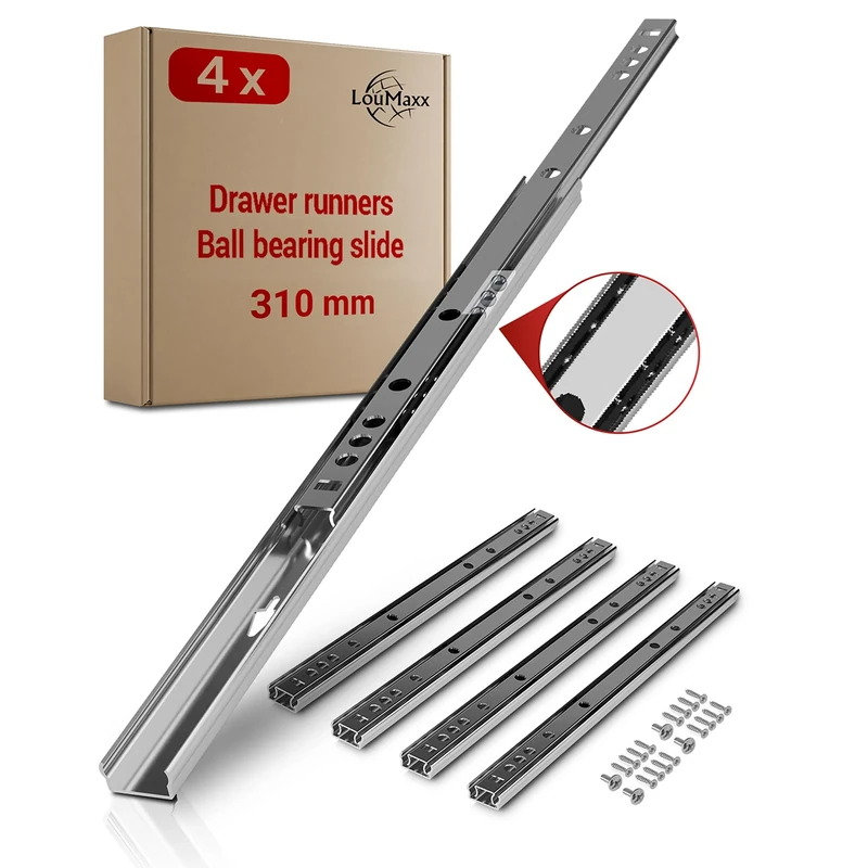 LouMaxx Drawer Runners 17mm Groove [4 Pack] - 310mm Cabinet Drawer Slides - Ball Bearing Drawer Runners - Suitable Replacement IKEA, MFI - Screws Included