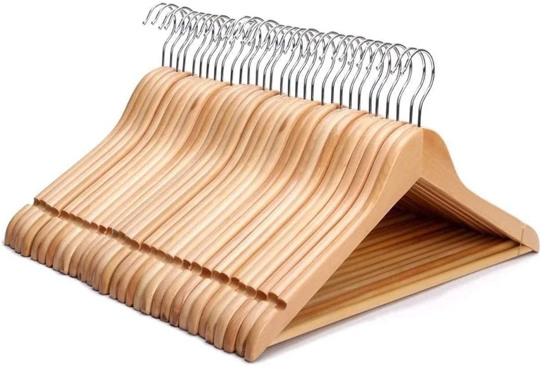 KEPLIN Strong Natural Wood Wooden Coat Hangers with 360 Degree Rotatory Hook & Round Trouser Bar & Shoulder Notches - Durable Wardrobe Space Saver - Suitable for Coat, Jacket, Suit, Jumper (20Pack)