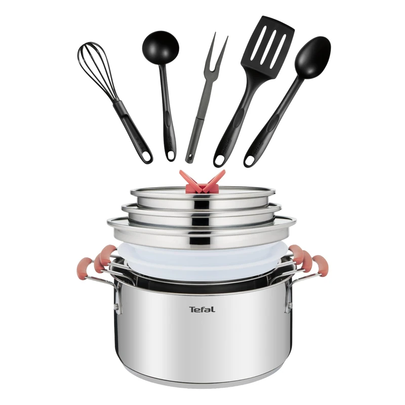 Tefal OptiSpace Set of 3 Pots 18/20/24 cm + Plastic Lid and Stainless Steel + 5 Accessories, Non-Slip Cold Touch Handles, Measure Marks, Oven and Dishwasher Safe, All Types of Cookers