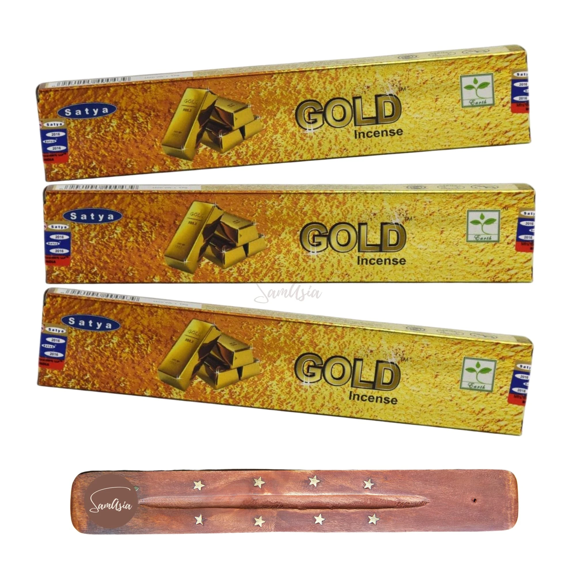 Satya Nag Champa Gold Incense Sticks | x3 pack | with SAMASIA incense sticks holder | Used for Aromatherapy, Spa, Yoga, Weddings, Meditation, Healing, Positivity and Relaxation