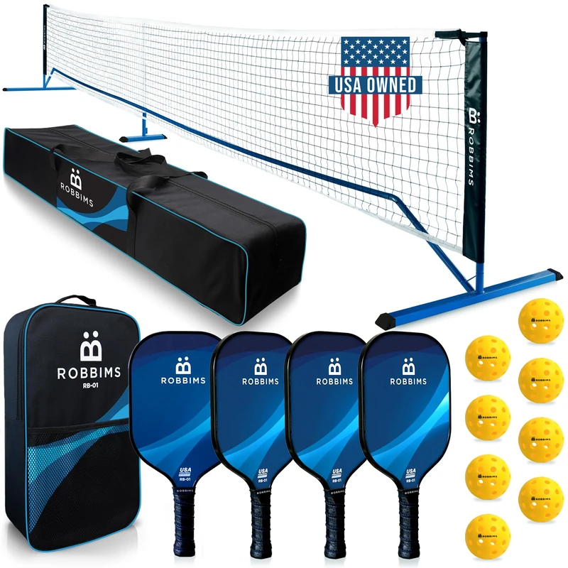 ROBBIMS Portable Pickleball Set with Net | 4 USAPA Approved Carbon Fiber Paddles, Duffel Bag, Pickleball Net System, Regulation Size, Assembly Manual, 8 Balls