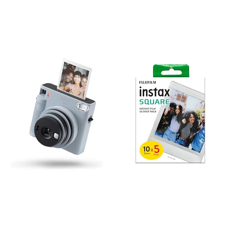 instax SQUARE SQ1 instant camera, Glacier Blue with instax 70100147085 SQUARE film, White border, 50 shot pack