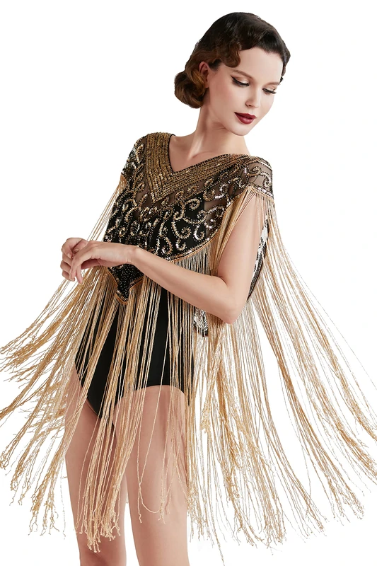 BABEYOND 1920s Shawl Wraps Long Fringed Evening Cape Sequin Beaded Party Shawl, Black Gold, One Size