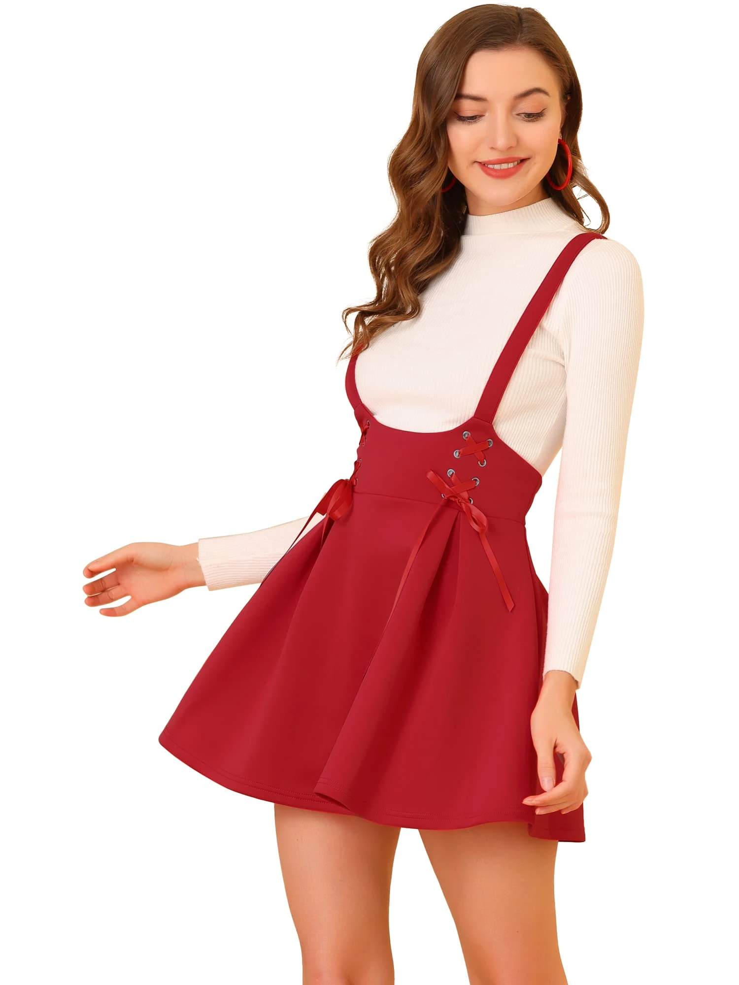 Allegra K Women's High Waist Brace Skirts Lace Up A-Line Mini Suspender Skirt, Red, X-Large