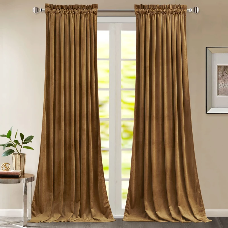 StangH Gold Brown Velvet Curtains for Bedroom, Autumn Curtains Blackout Room Darkening Thermal Insulated Window Drapes for Living Room/Office/Apartment/Bathroom, W52 x L84, 2 Panels