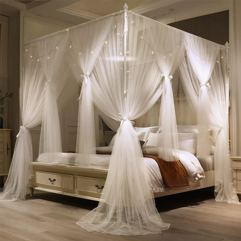 VETHIN 4 Corners Post PrincessBed Canopy Curtain Double Layer Cozy Drape Netting 4 Opening Mosquito NetforGirls&AdultsBedroom Decoration Accessories Double White64in W*82/in L*82/in*H/Queen JQ-CFX-23