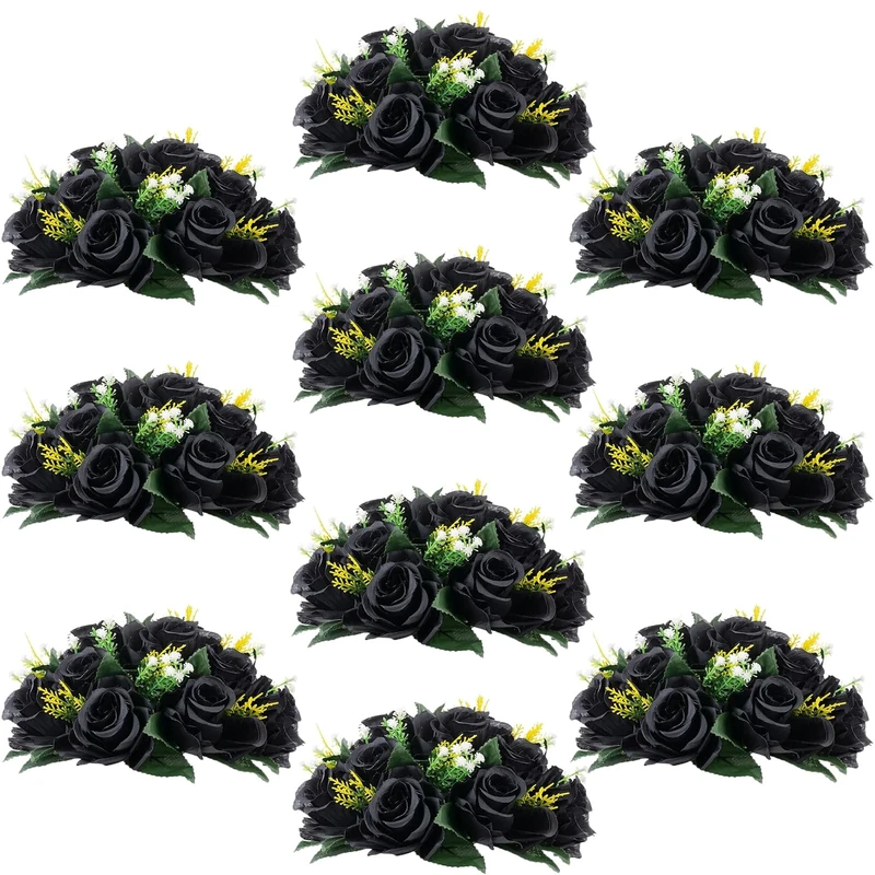 Flower Balls Centrepiece Halloween Decoration - 10 Pcs Rose Artificial Black Fake Flowers for Christmas Party Event Home Decor