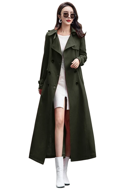 ebossy Women's Double Breasted Duster Trench Coat Slim Full Length Maxi Long Overcoat, Army Green, XL