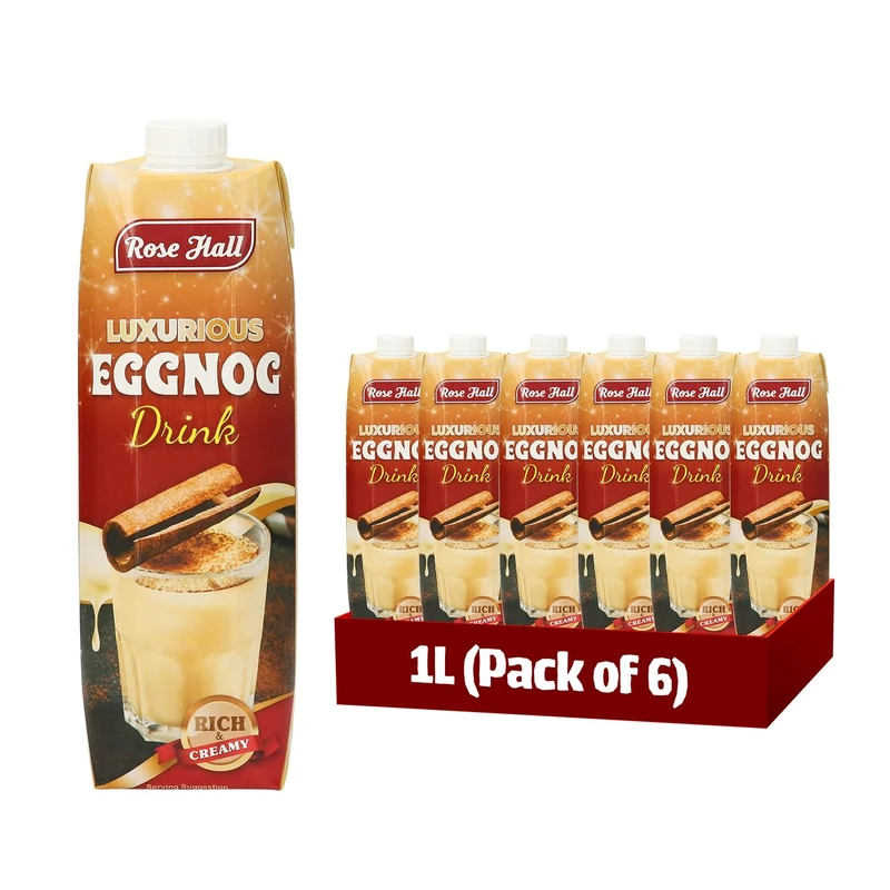 Rose Hall Luxurious Eggnog Drink 1L, Rich & Creamy Eggnog Beverage Made with Milk & Cream, Smooth Ready-to-Serve Drink, Perfect for Desserts, Mocktails & Family Gatherings (Pack of 6)