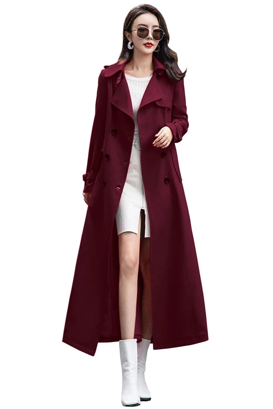 ebossy Women's Double Breasted Duster Trench Coat Slim Full Length Maxi Long Overcoat, Wine Red, Large