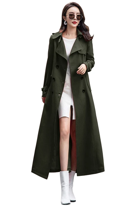 ebossy Women's Double Breasted Duster Trench Coat Slim Full Length Maxi Long Overcoat, Army Green, XXL