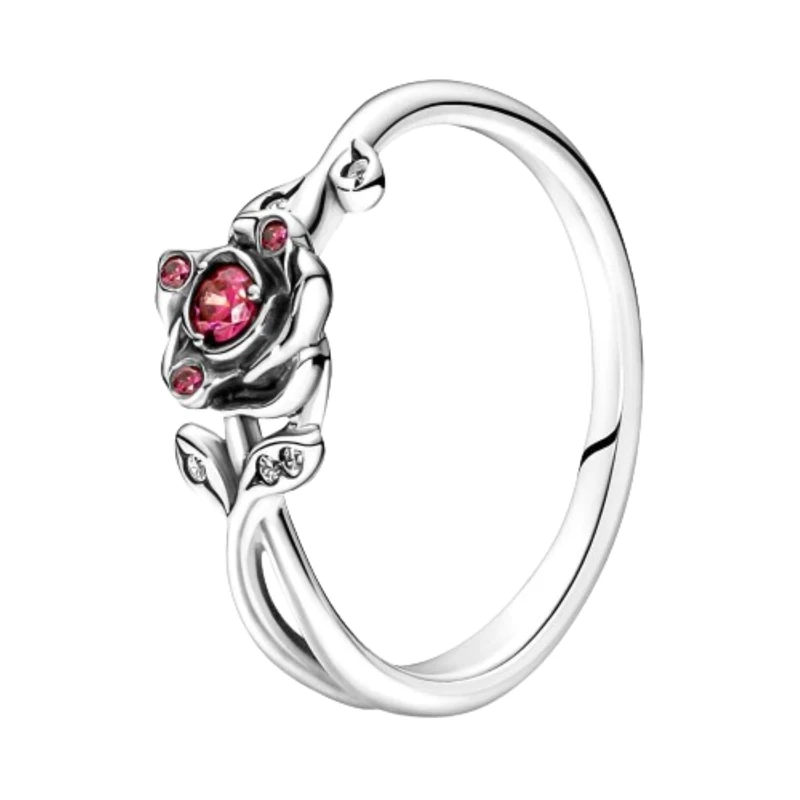 Pandora Disney Beauty and the Beast rose sterling silver ring with red and clear cubic zirconia, 50