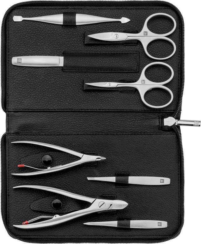 ZWILLING Manicure Set (8 piece, complete nail care, pedicure, genuine leather case with zipper), Premium, Black