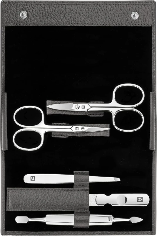 ZWILLING Manicure Set (5 piece, nail care and pedicure with genuine leather case with nail scissors and cuticle scissors), Polished Stainless Steel, Anthracite