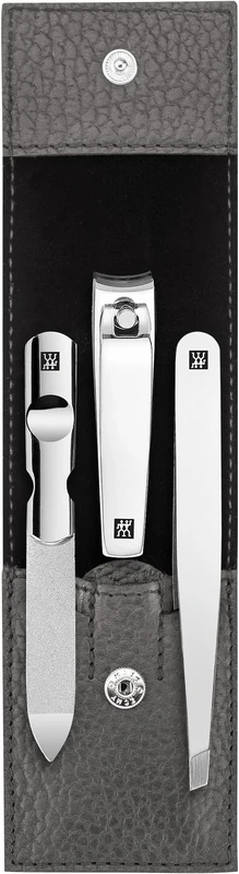 ZWILLING Manicure Set (3 Pieces, Nail Care and Pedicure, Genuine Leather Case, with Nail Clipper), Polished Stainless Steel, Anthracite