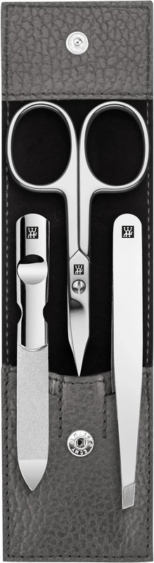 ZWILLING Manicure Set (3 piece, pedicure set for nail care and cuticle care, leather, with nail scissors), Polished Stainless Steel, Anthracite