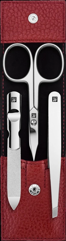 ZWILLING Manicure Set (3 piece, pedicure set for nail care and cuticle care, leather, with nail scissors), Polished Stainless Steel, Red