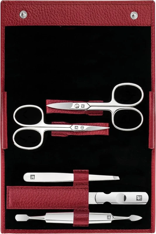 ZWILLING Manicure Set (5 piece, nail care and pedicure with genuine leather case with nail scissors and cuticle scissors), Polished Stainless Steel, Red