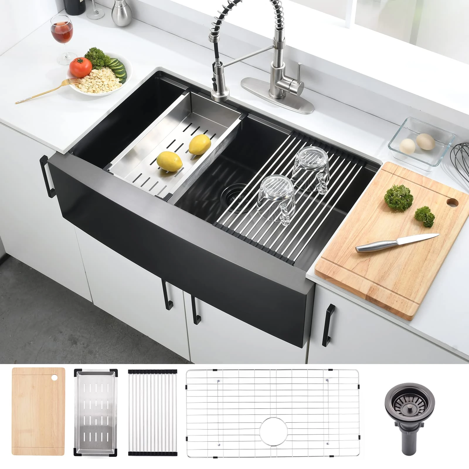 33 Farmhouse Sink, Loftus 33 Inch Matte Black Kitchen Sink Apron Front Workstation Sink Stainless Steel 16 Gauge Single Bowl Farm Sink, Matte Black