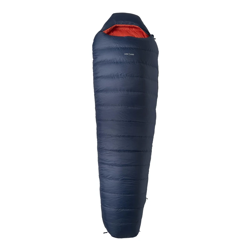 LOWLAND OUTDOOR Unisex Adult KIBO Down Sleeping Bag, Navy Blue/Orange, 225 x 80 cm