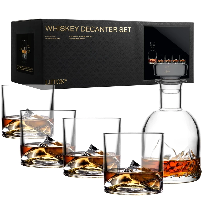 LIITON Everest Mountain Whiskey Decanter 1L & 4 Old Fashioned Glasses Gift Set for Men on Fathers day, Christmas, Birthday, Freezable Glasses Chill Bourbon, Cocktail, Scotch with 1lb of Frozen Crystal