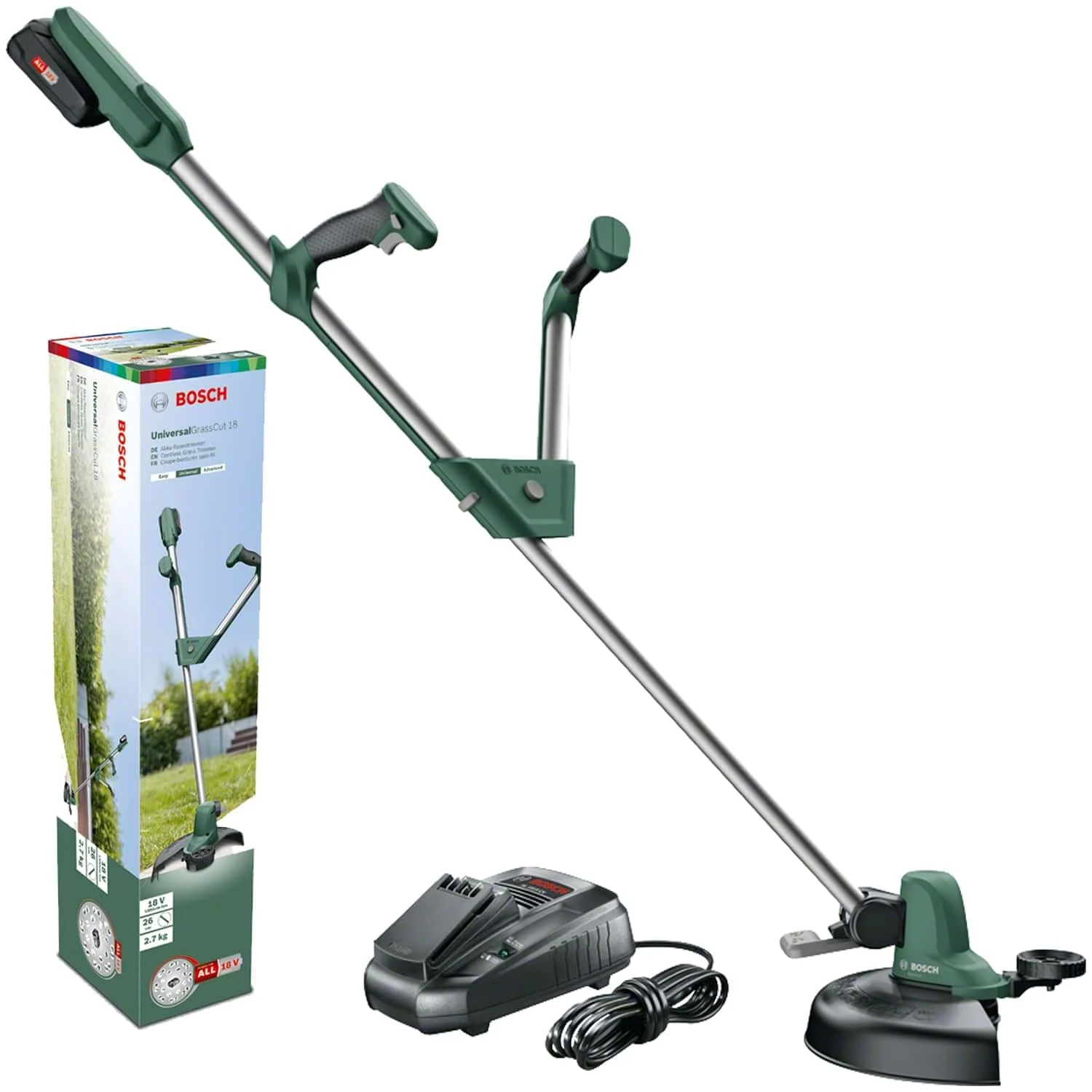 Bosch Cordless Grass Trimmer UniversalGrassCut 18V-260 (1x Battery, 18 Volt System, Cutting Diameter: 26 cm, Adjustable Handles, in Carton Packaging)