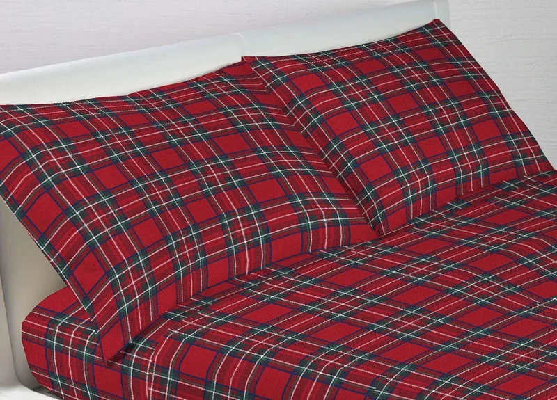 BIANCHERIAWEB WEB LINEN 100% Cotton, Made in Italy, Maxi Double Bed Sheets, Scottish Design Kilt Red