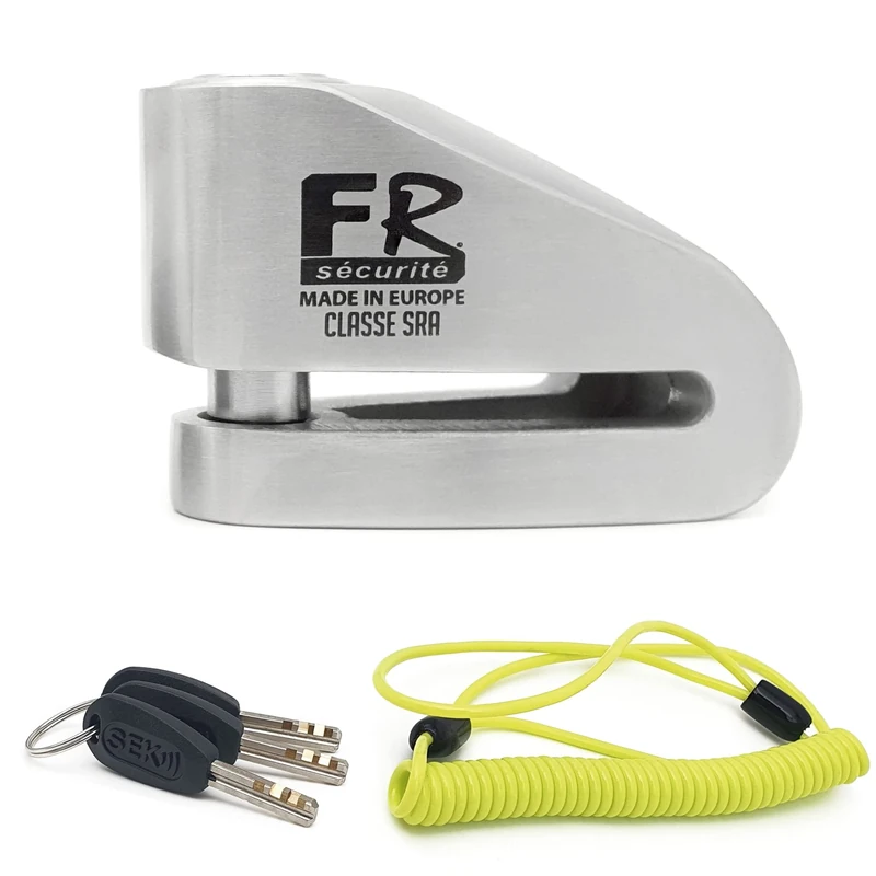 FR SECURITE FR114S Motorcycle Disc Lock, Approved SRA, High Security Double Locking ø14mm/0.55in Stainless Steel, Reminder Cable, Anti Theft Brake Wheel Disk Lock for Motorbike, Scooter
