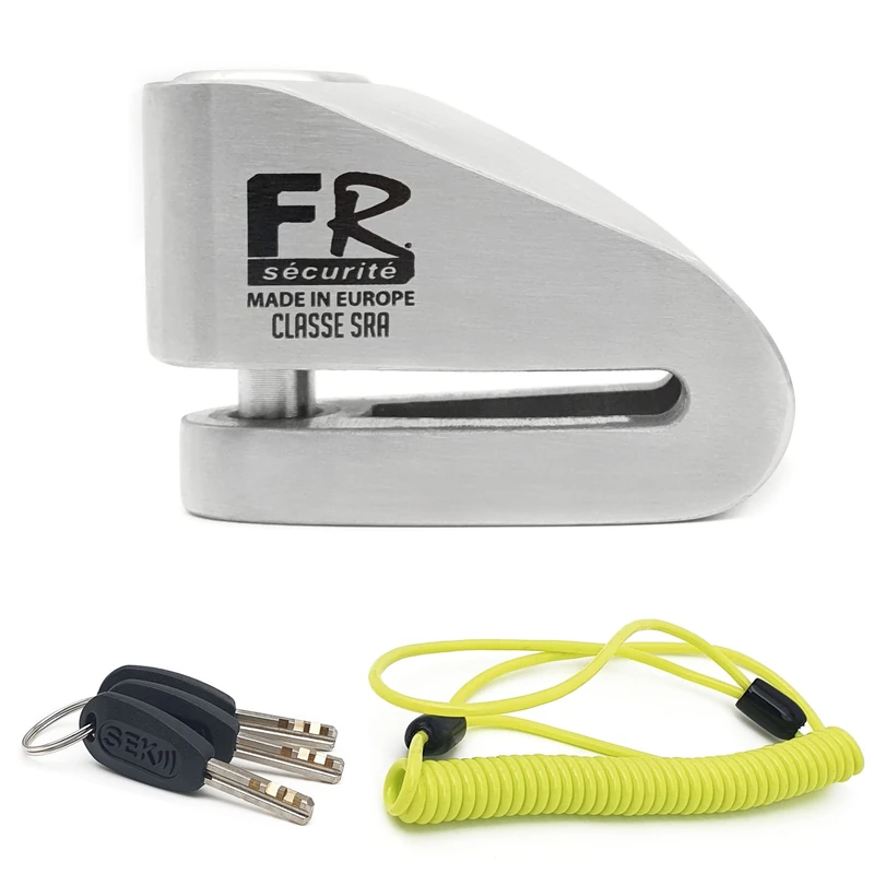FR SECURITE FR110S Motorcycle Disc Lock, Approved SRA, High Security Double Locking ø10mm/0.39in Stainless Steel, Reminder Cable, Anti Theft Brake Wheel Disk Lock for Motorbike, Scooter