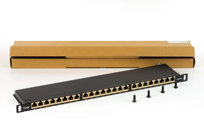 LINK LKP6A24SA Patch Panel 24 Ports Category 6A Screens 0.5 Units with Cable Support Bar, Black