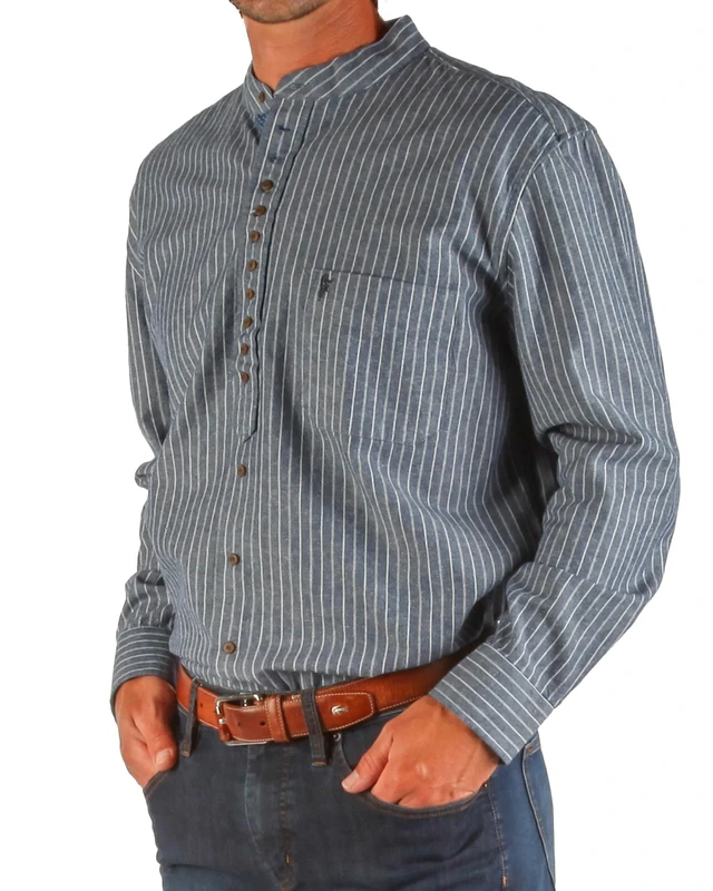 The Celtic Ranch Traditional Irish Grandfather, Men's Casual Long Sleeve Banded Collar Button Down Collarless Dress Shirt, Blue Stripe Contrast Fabric, Large - Image 1